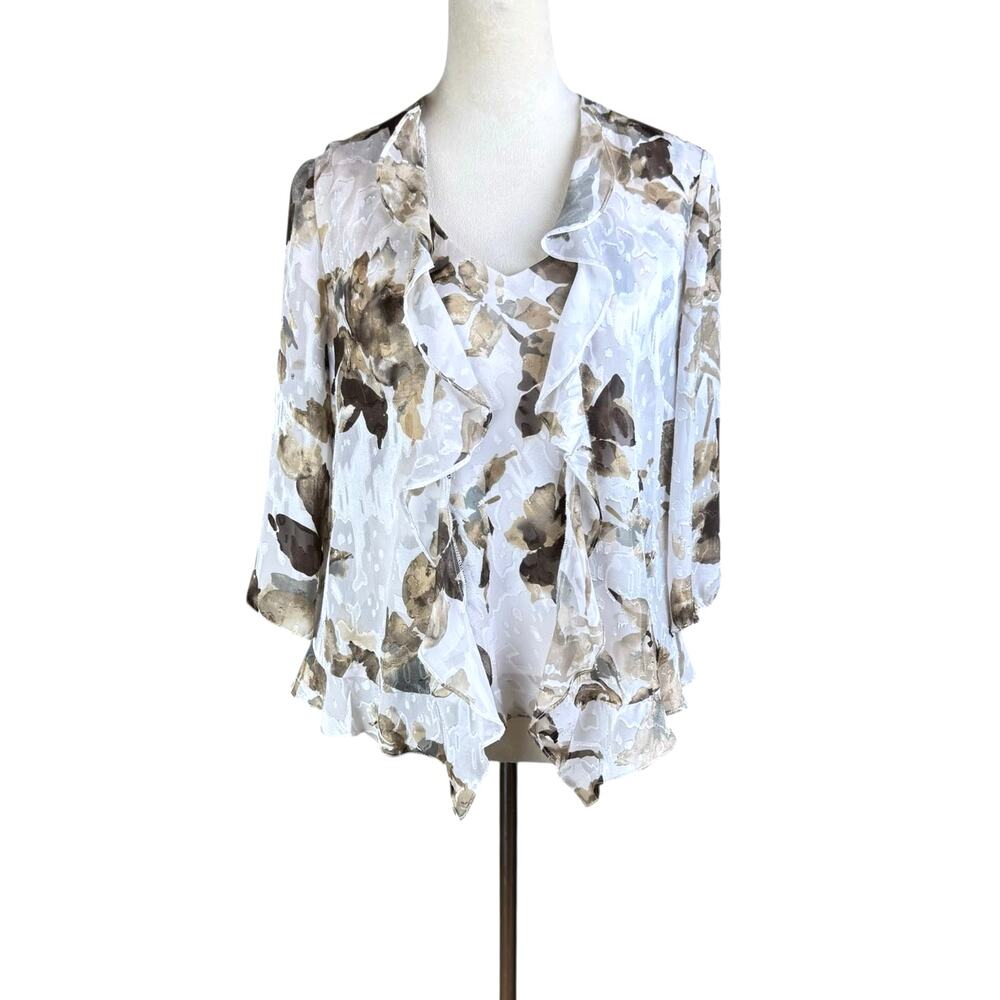 Alex Evenings Brown and White Watercolor Floral Tank Top and Jacket Set